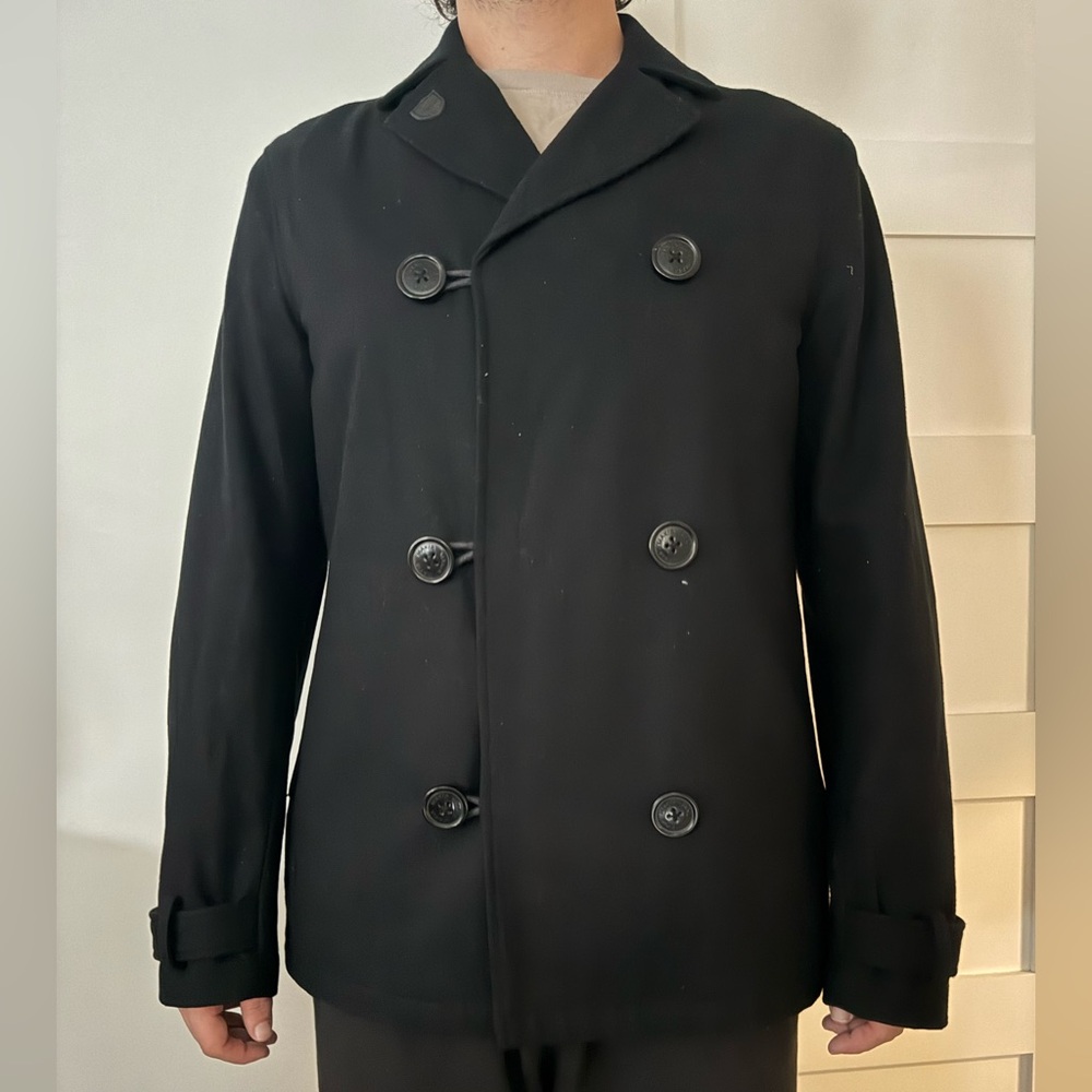 Makia Black Wool Blend Pea Coat - Men's Size L Zip Button